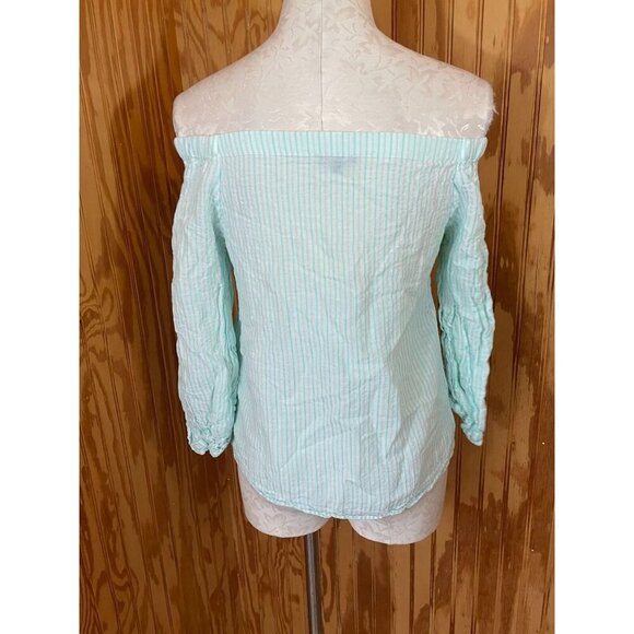 Massimo Dutti Blouse Pullover Top Off Shoulder Long Sleeve Teal Striped Sz US 8 - Picture 2 of 7
